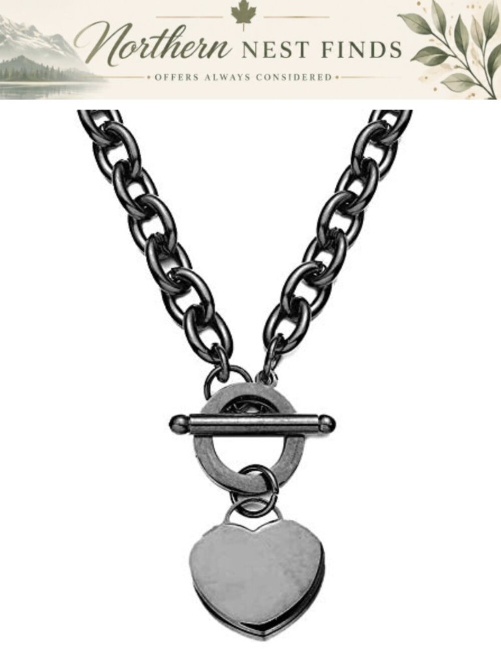Stainless Steel Heart Charm Necklace Toggle Clasp